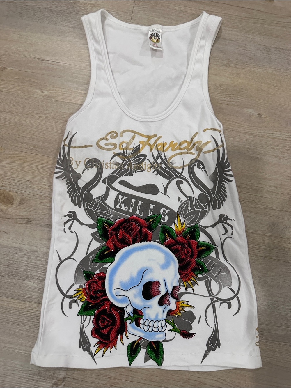 Ed Hardy White Tank Top with Red Rose and Blue Skull Graphic